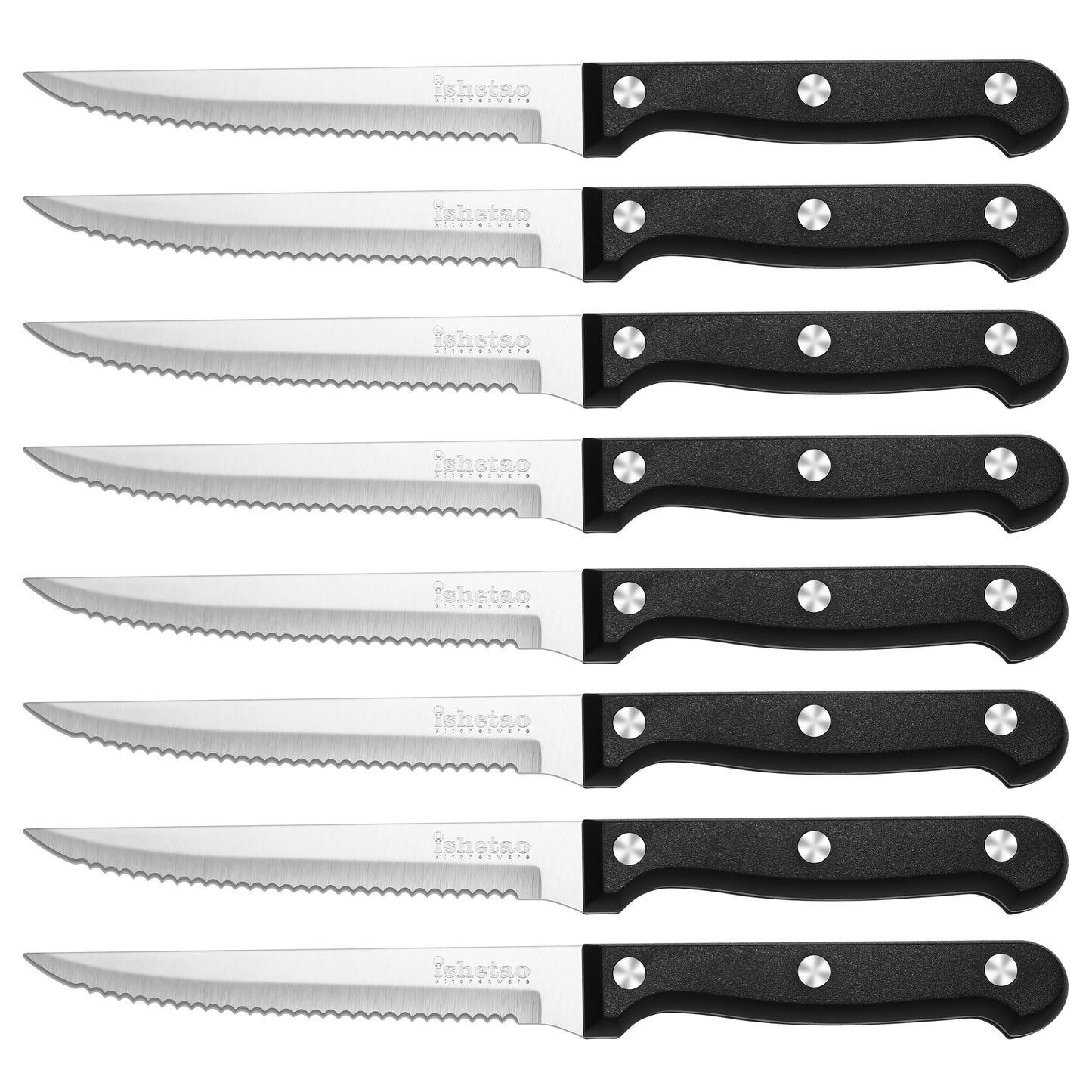 isheTao Triple-Riveted Serrated Steak Knife Set of 8, High-Carbon Stainless Steel, Kitchen Steak Knives with Black ABS Handle