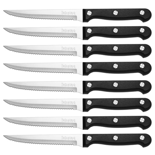 isheTao Triple-Riveted Serrated Steak Knife Set of 8, High-Carbon Stainless Steel, Kitchen Steak Knives with Black ABS Handle
