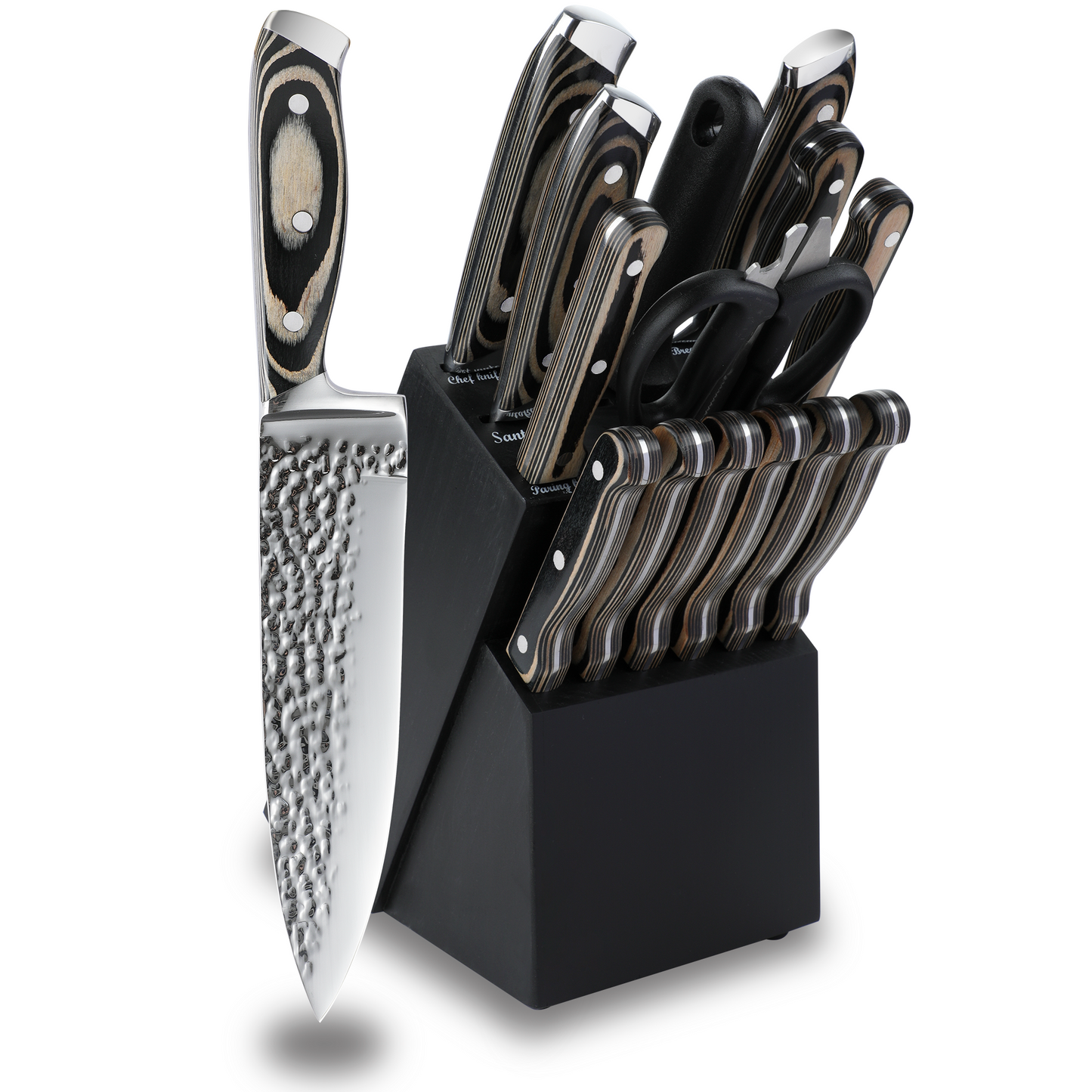 IsheTao 15-Piece Premium Kitchen Knife Set With Wooden Block, Knife Set, High Carbon Stainless Steel Knife Block Set, One-Piece Kitchen Knives, Self-sharpening, Gray Handle