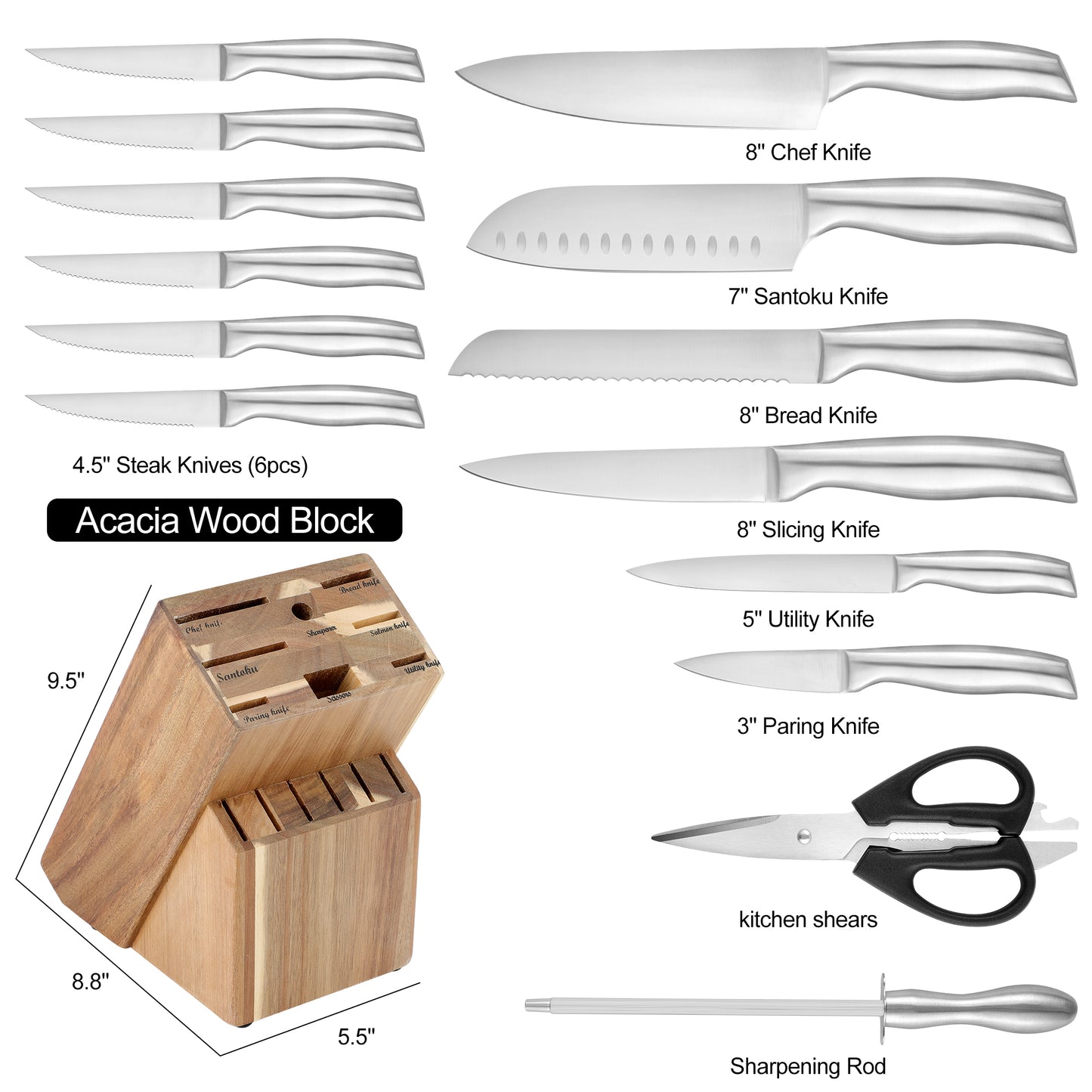 15-Piece Premium Kitchen Knife Set With Wooden Block, High Carbon Stainless Steel Knife Set, One-piece Dishwasher Safe Kitchen Knives Set, Self-sharpening Kitchen Knife sets, Chef Knife Set with Built-in Sharpener, Ergonomic Handle