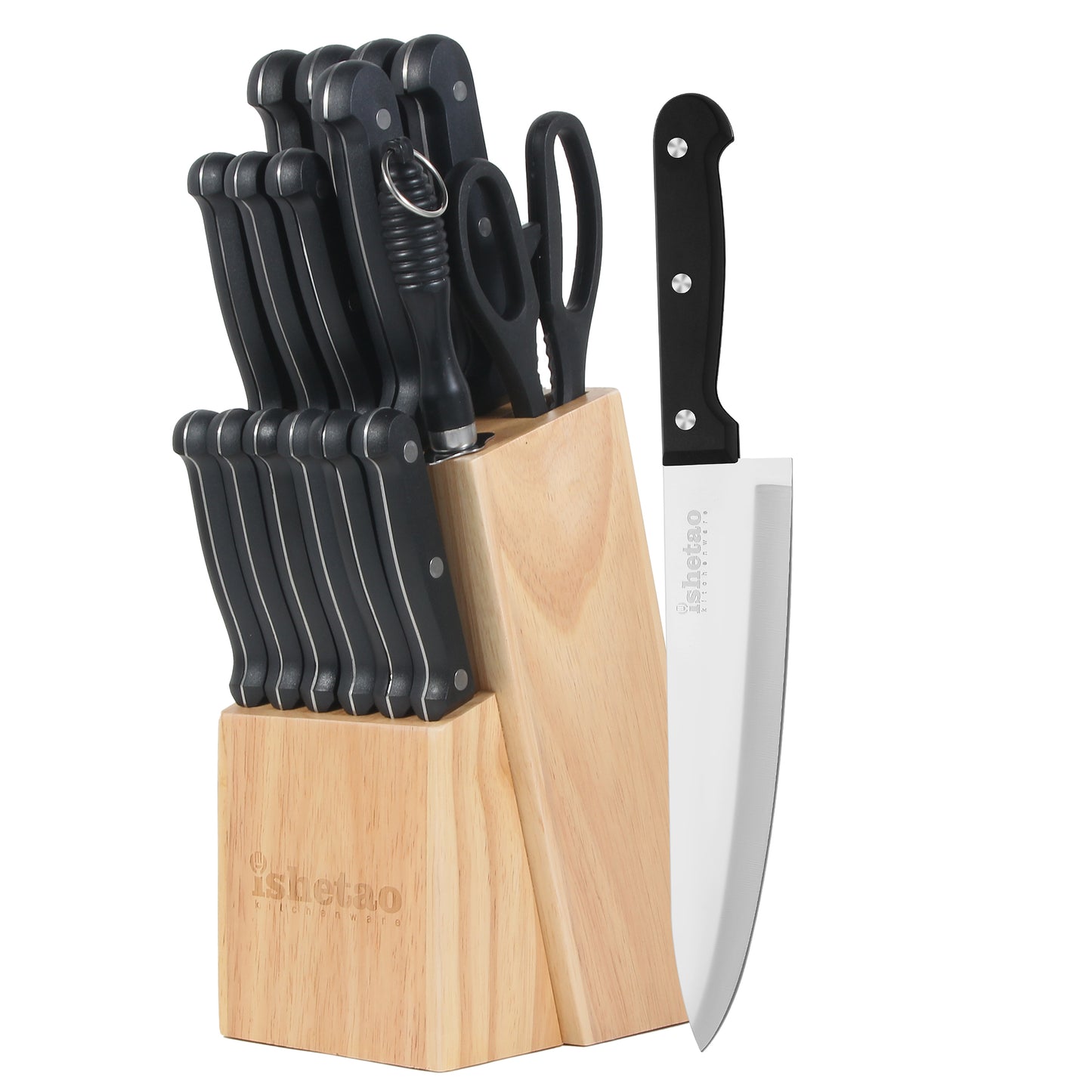 IsheTao 17-Piece Premium Kitchen Knife Set With Wooden Block, Triple-Riveted Serrated Knife Set, High Carbon Stainless Steel Knife Block Set, Kitchen Knives, Self-sharpening