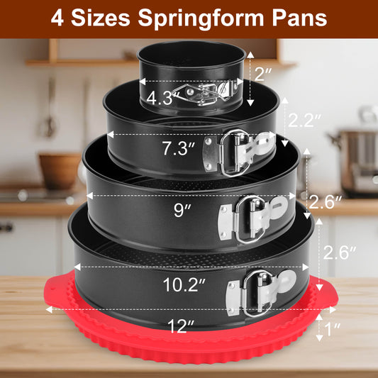 Springform Pan Set of 4, 4/7/9/10inch Cake Pans with Leakproof Silicone Protector, Non-Stick Leak-Proof with Removable Bottom, Cheesecake Pan for Baking, Black