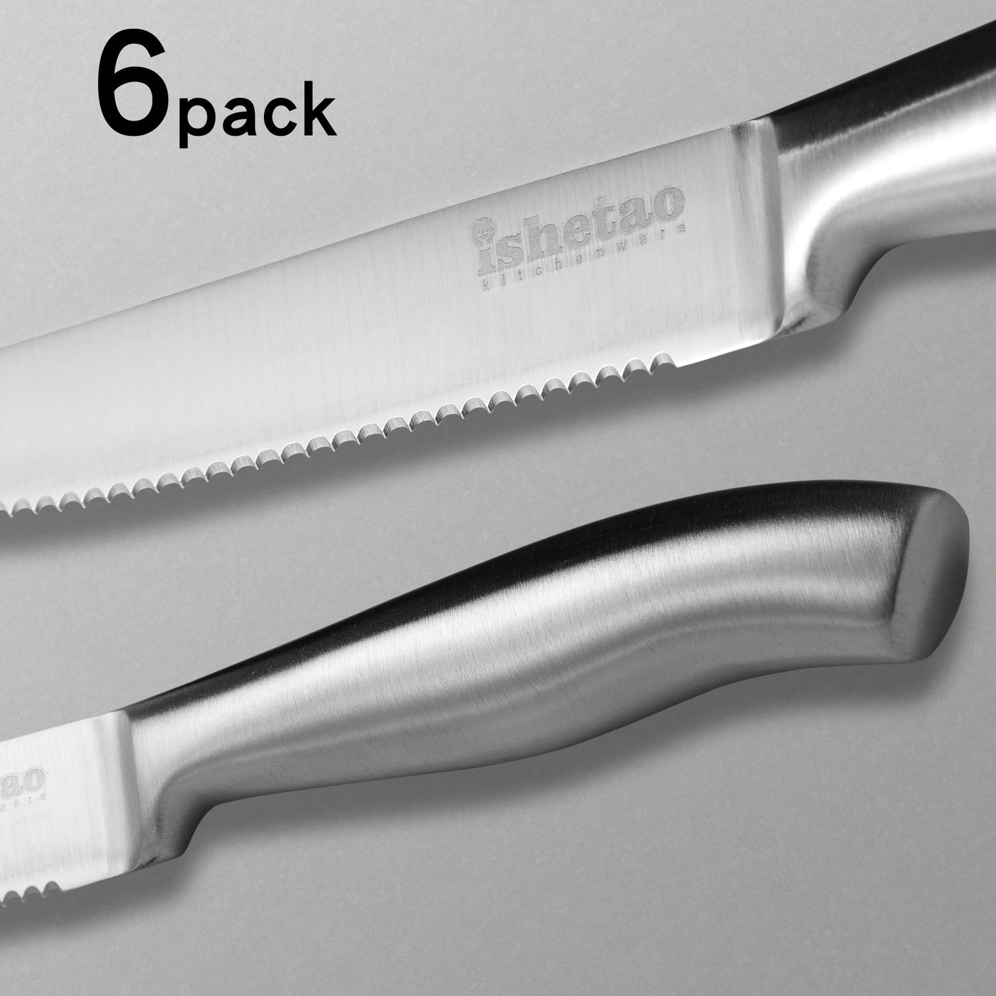 IsheTao Steak Knife Set, Dishwasher Safe Steak Knives, 6-Piece Serrated Knife Set, Silver Steak Knives, Meat Cutter Knife Set, Dinner Knives