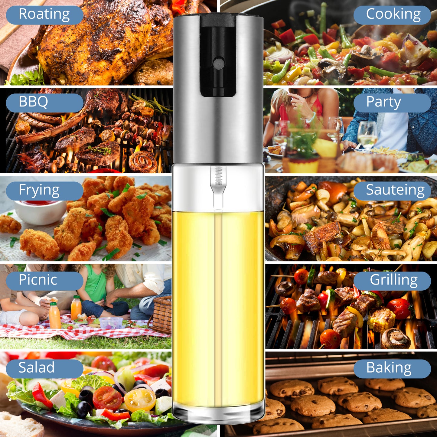 Oil Sprayer for Cooking, Olive Oil Sprayer Mister for Air Fryer, 3.7oz(100ml) Olive Oil Spray Bottle, Vinegar Oil Portable Kitchen Gadgets for Baking, Salad, Grilling, BBQ, Roasting (Silver)