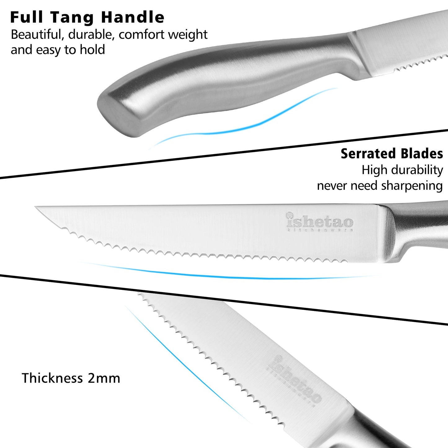 IsheTao Steak Knife Set, Dishwasher Safe Steak Knives, 6-Piece Serrated Knife Set, Silver Steak Knives, Meat Cutter Knife Set, Dinner Knives