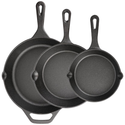 Cast Iron Skillet 3-Piece Set, 6", 8", 10" Frying Pans, Heavy-Duty Pre-Seasoned Pan Cookware Set, For Frying, Saute, Cooking, Pizza & More, Black