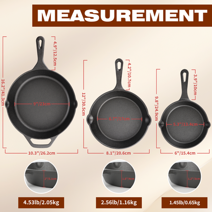 Cast Iron Skillet 3-Piece Set, 6", 8", 10" Frying Pans, Heavy-Duty Pre-Seasoned Pan Cookware Set, For Frying, Saute, Cooking, Pizza & More, Black