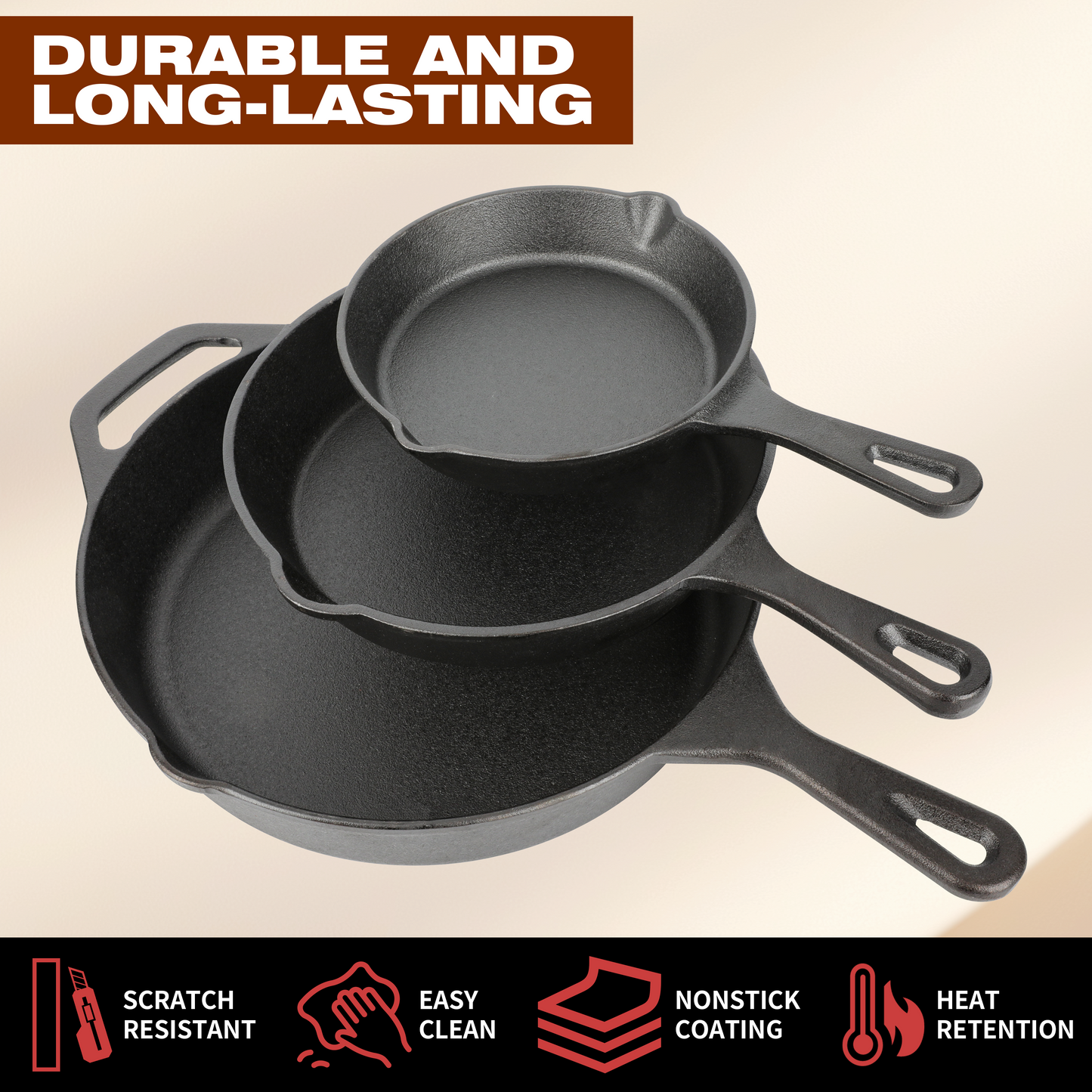 Cast Iron Skillet 3-Piece Set, 6", 8", 10" Frying Pans, Heavy-Duty Pre-Seasoned Pan Cookware Set, For Frying, Saute, Cooking, Pizza & More, Black