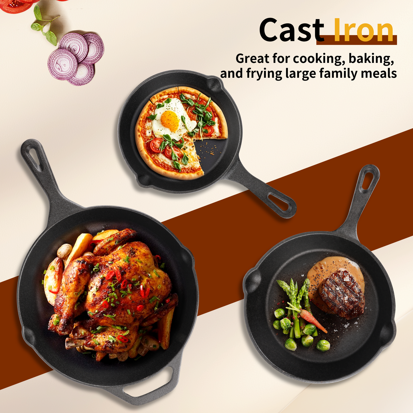 Cast Iron Skillet 3-Piece Set, 6", 8", 10" Frying Pans, Heavy-Duty Pre-Seasoned Pan Cookware Set, For Frying, Saute, Cooking, Pizza & More, Black