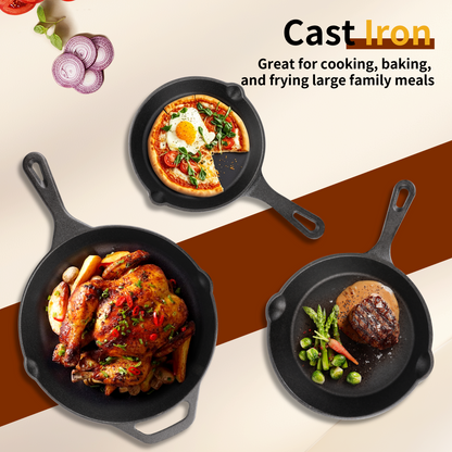 Cast Iron Skillet 3-Piece Set, 6", 8", 10" Frying Pans, Heavy-Duty Pre-Seasoned Pan Cookware Set, For Frying, Saute, Cooking, Pizza & More, Black