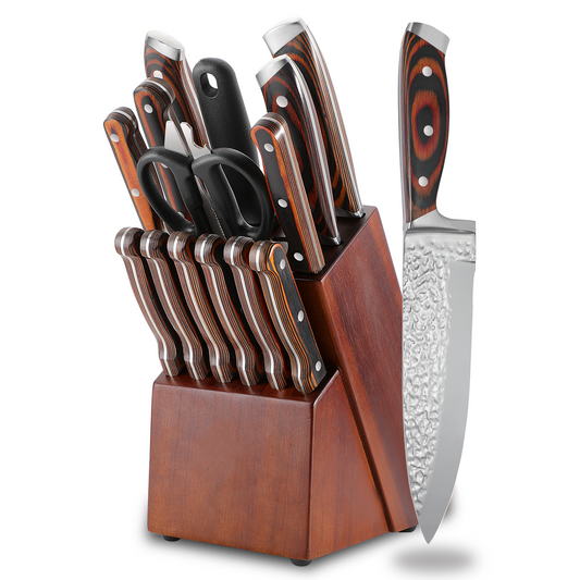 IsheTao 15-Piece Premium Kitchen Knife Set With Wooden Block, Knife Set, High Carbon Stainless Steel Knife Block Set, One-Piece Kitchen Knives, Self-sharpening, Red Wood Handle