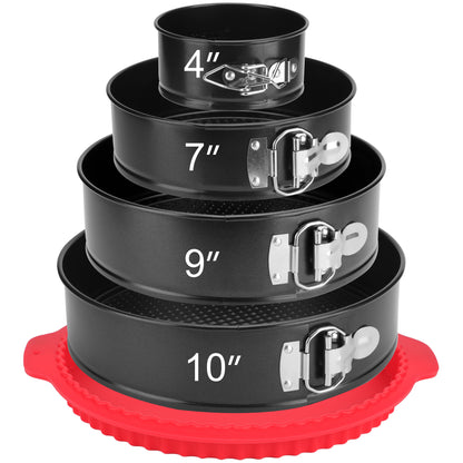 Springform Pan Set of 4, 4/7/9/10inch Cake Pans with Leakproof Silicone Protector, Non-Stick Leak-Proof with Removable Bottom, Cheesecake Pan for Baking, Black