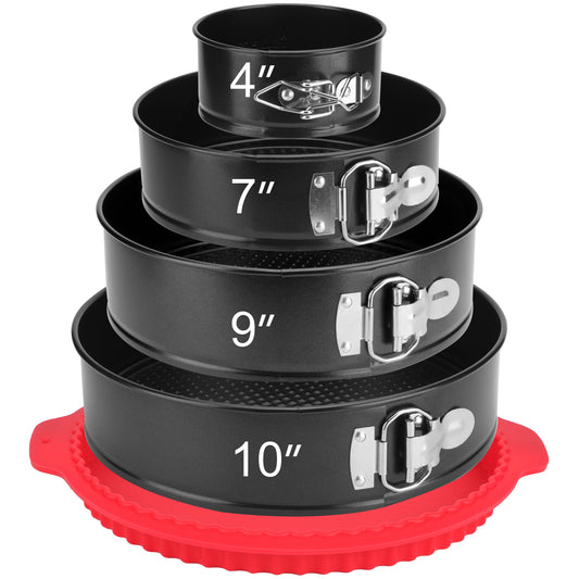 Springform Pan Set of 4, 4/7/9/10inch Cake Pans with Leakproof Silicone Protector, Non-Stick Leak-Proof with Removable Bottom, Cheesecake Pan for Baking, Black