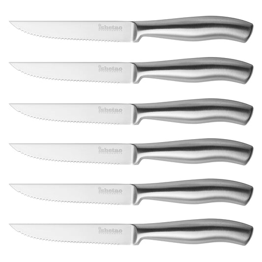 IsheTao Steak Knife Set, Dishwasher Safe Steak Knives, 6-Piece Serrated Knife Set, Silver Steak Knives, Meat Cutter Knife Set, Dinner Knives