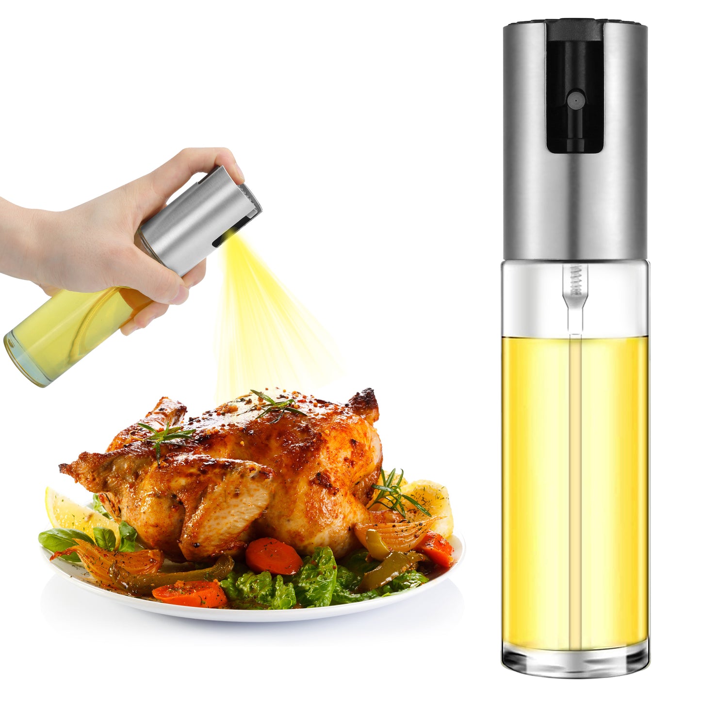 Oil Sprayer for Cooking, Olive Oil Sprayer Mister for Air Fryer, 3.7oz(100ml) Olive Oil Spray Bottle, Vinegar Oil Portable Kitchen Gadgets for Baking, Salad, Grilling, BBQ, Roasting (Silver)