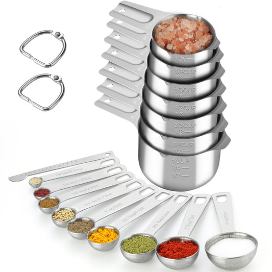 17 Pieces Measuring Cups & Spoons set, 7 Cups, 9 Spoons, 1 Leveler, 18/8 Stainless Steel，Kitchen Gadgets for Cooking & Baking with two Ring Connector, Silver