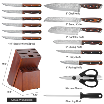 IsheTao 15-Piece Premium Kitchen Knife Set With Wooden Block, Knife Set, High Carbon Stainless Steel Knife Block Set, One-Piece Kitchen Knives, Self-sharpening, Red Wood Handle