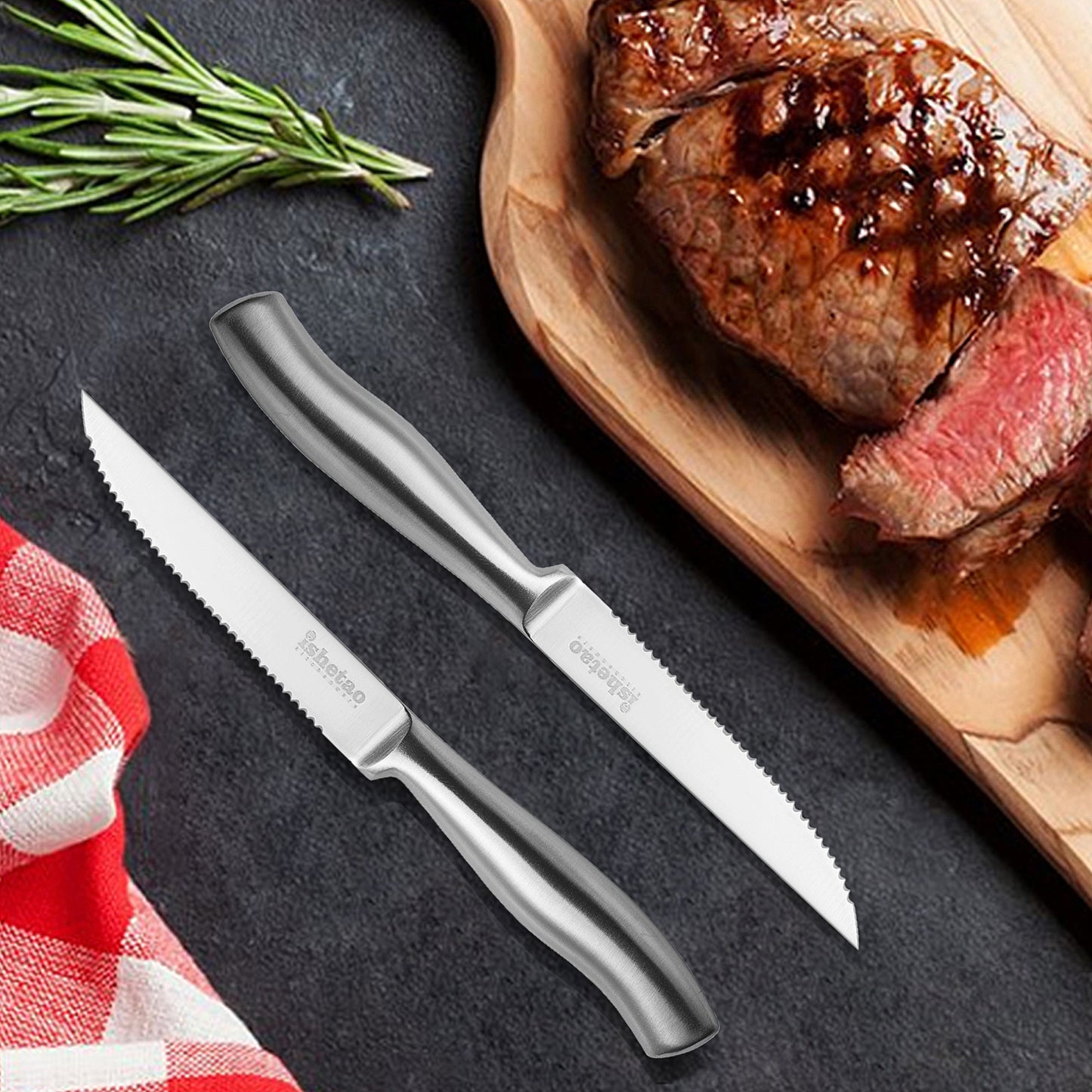 IsheTao Steak Knife Set, Dishwasher Safe Steak Knives, 6-Piece Serrated Knife Set, Silver Steak Knives, Meat Cutter Knife Set, Dinner Knives