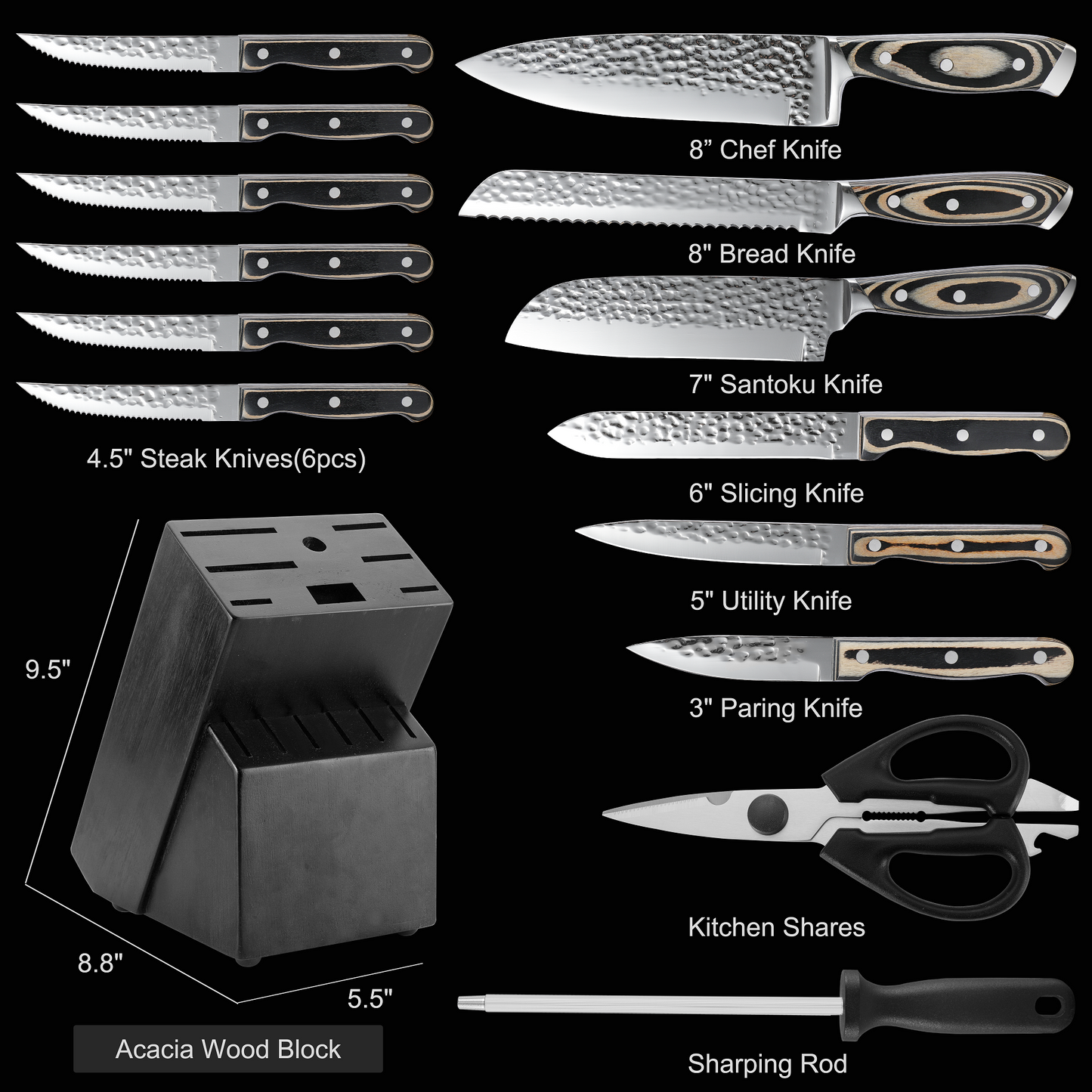 IsheTao 15-Piece Premium Kitchen Knife Set With Wooden Block, Knife Set, High Carbon Stainless Steel Knife Block Set, One-Piece Kitchen Knives, Self-sharpening, Gray Handle