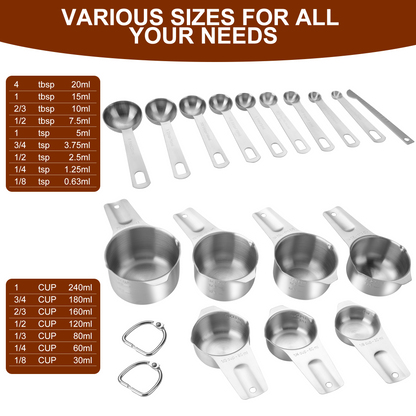 17 Pieces Measuring Cups & Spoons set, 7 Cups, 9 Spoons, 1 Leveler, 18/8 Stainless Steel，Kitchen Gadgets for Cooking & Baking with two Ring Connector, Silver