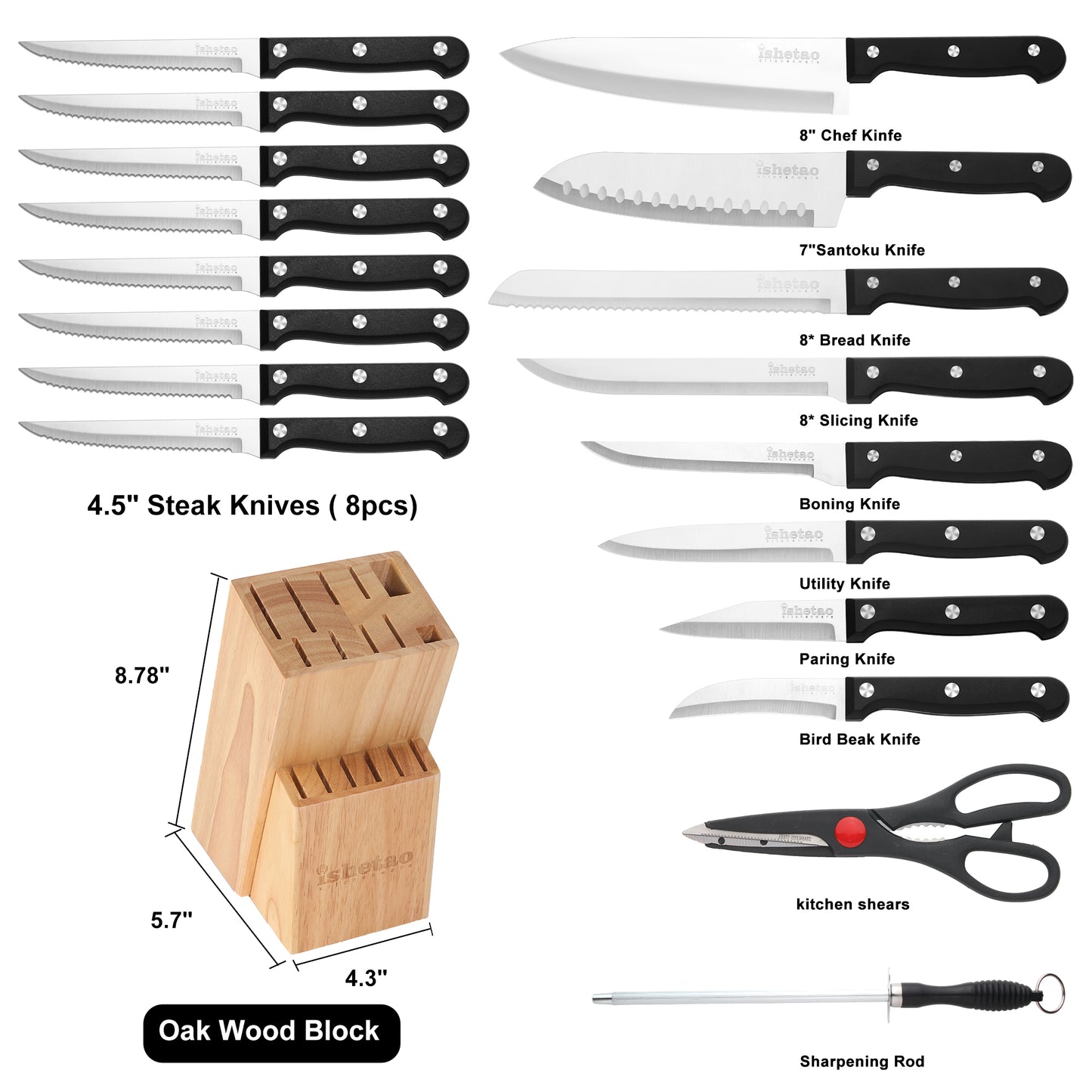 IsheTao 17-Piece Premium Kitchen Knife Set With Wooden Block, Triple-Riveted Serrated Knife Set, High Carbon Stainless Steel Knife Block Set, Kitchen Knives, Self-sharpening