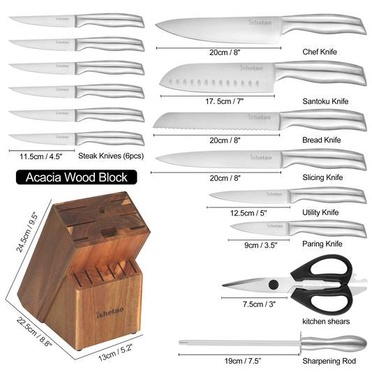 15-Piece Premium Kitchen Knife Set With Wooden Block, High Carbon Stainless Steel Knife Set, One-piece Dishwasher Safe Kitchen Knives Set, Self-sharpening Kitchen Knife sets, Chef Knife Set with Built-in Sharpener, Ergonomic Handle