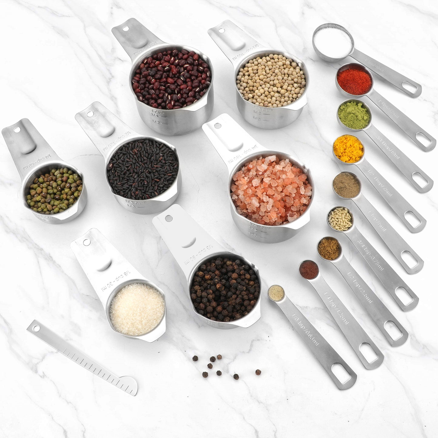 17 Pieces Measuring Cups & Spoons set, 7 Cups, 9 Spoons, 1 Leveler, 18/8 Stainless Steel，Kitchen Gadgets for Cooking & Baking with two Ring Connector, Silver