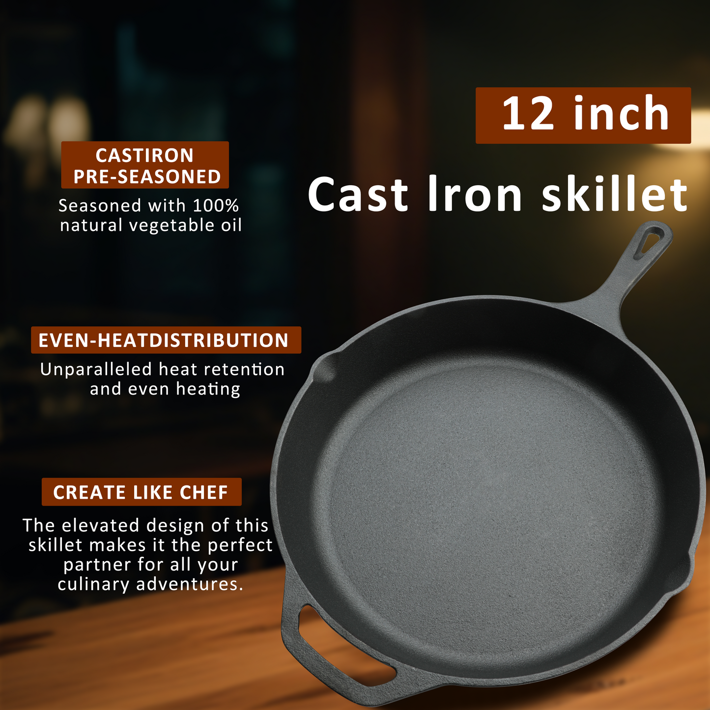12 Inch Cast Iron Skillet, Pre-Seasoned Frying Pan for Oven, Stovetop, Grill & Campfire, Durable, Non-Toxic, Even-Heating Cookware, Black