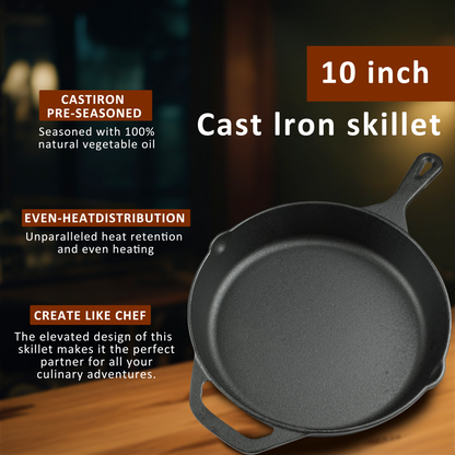 10 Inch Cast Iron Skillet, Pre-Seasoned Frying Pan for Oven, Stovetop, Grill & Campfire, Durable, Non-Toxic, Even-Heating Cookware, Black
