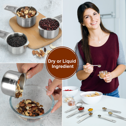 17 Pieces Measuring Cups & Spoons set, 7 Cups, 9 Spoons, 1 Leveler, 18/8 Stainless Steel，Kitchen Gadgets for Cooking & Baking with two Ring Connector, Silver