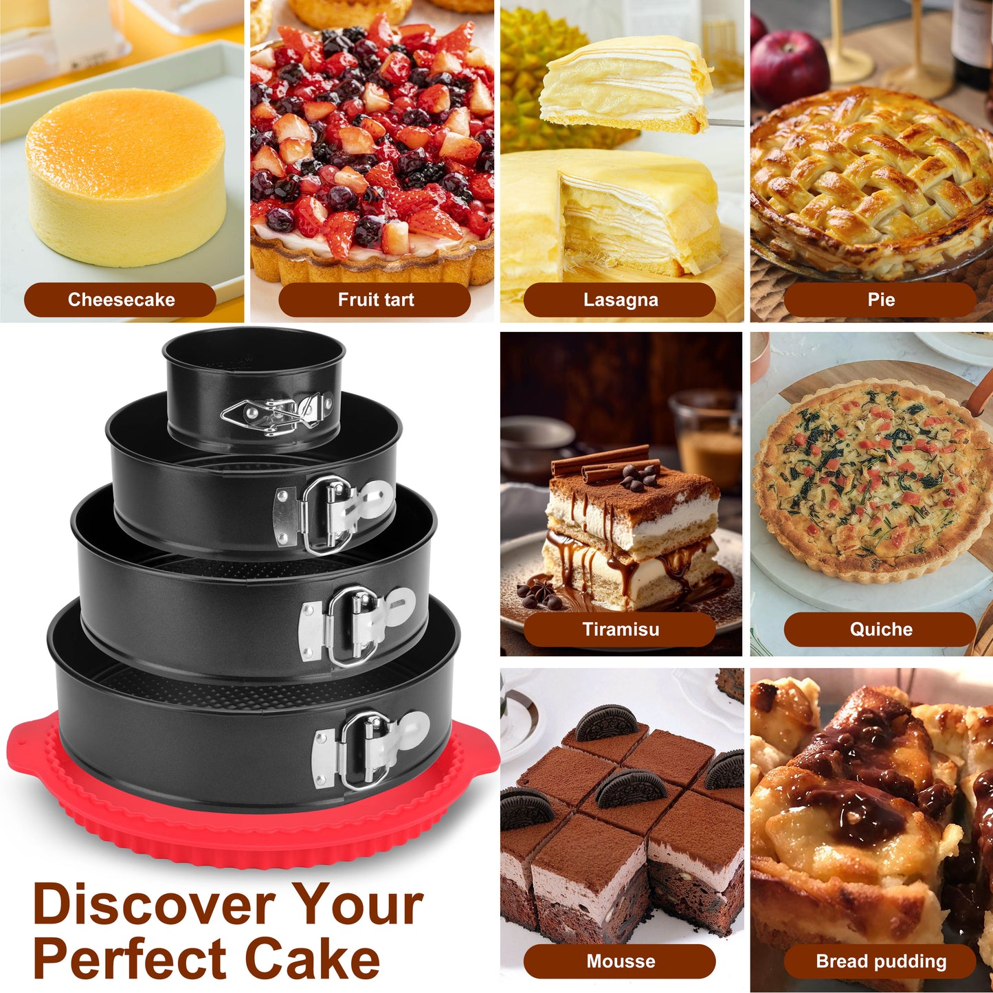 Springform Pan Set of 4, 4/7/9/10inch Cake Pans with Leakproof Silicone Protector, Non-Stick Leak-Proof with Removable Bottom, Cheesecake Pan for Baking, Black