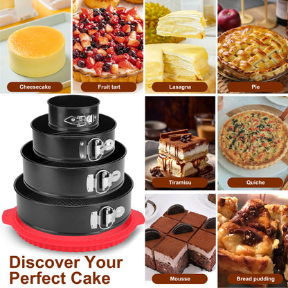 Springform Pan Set of 4, 4/7/9/10inch Cake Pans with Leakproof Silicone Protector, Non-Stick Leak-Proof with Removable Bottom, Cheesecake Pan for Baking, Black