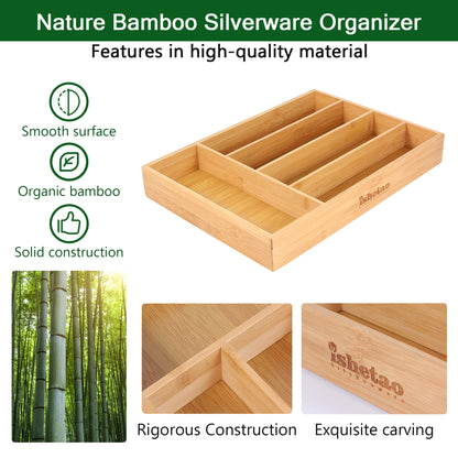 isheTao Bamboo Kitchen Drawer Organizer, Kitchen Drawer Organizer for Large Utensils, Kitchen Drawer Organization and Utensil Organizer, Utensil Holder and Cutlery Tray with Grooved Drawer Dividers