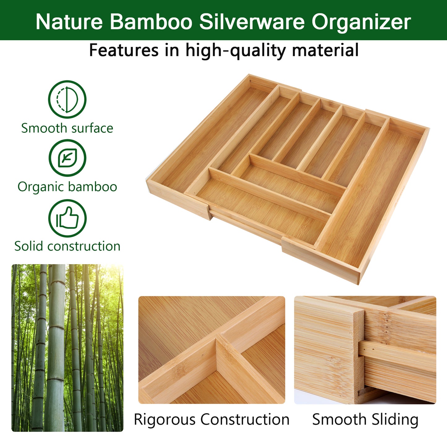 isheTao Bamboo Expandable Kitchen Drawer Organizer, Kitchen Drawer Organizer for Large Utensils, Silverware Organizer, Adjustable Cutlery Tray with Grooved Drawer Dividers for Silverware, Flatware