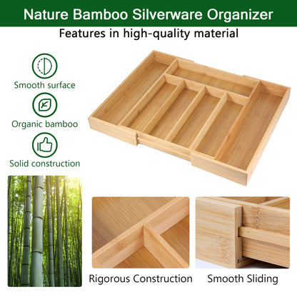 isheTao Bamboo Expandable Kitchen Drawer Organizer, Kitchen Drawer Organizer for Large Utensils, Silverware Organizer, Adjustable Cutlery Tray with Grooved Drawer Dividers for Silverware, Flatware