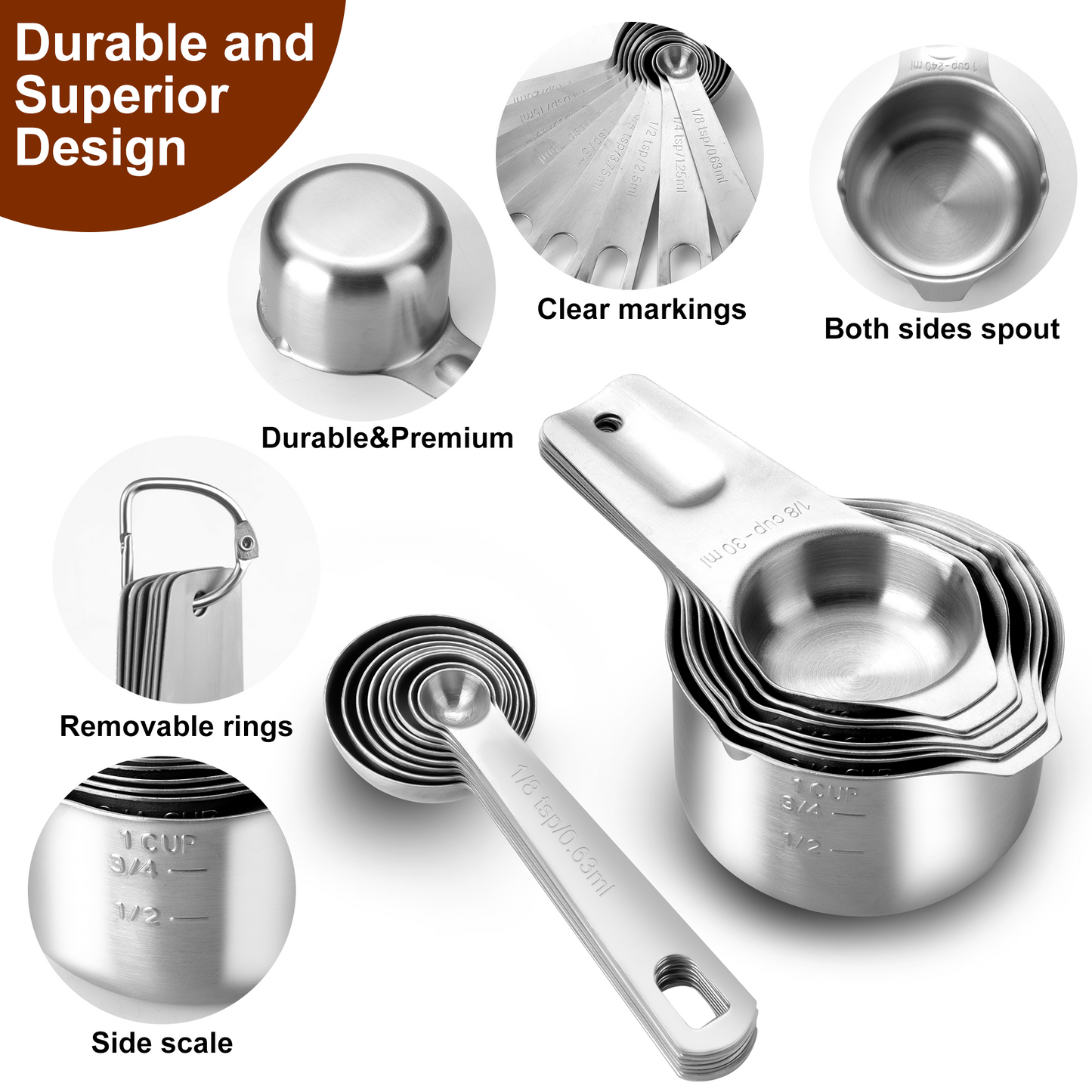 17 Pieces Measuring Cups & Spoons set, 7 Cups, 9 Spoons, 1 Leveler, 18/8 Stainless Steel，Kitchen Gadgets for Cooking & Baking with two Ring Connector, Silver