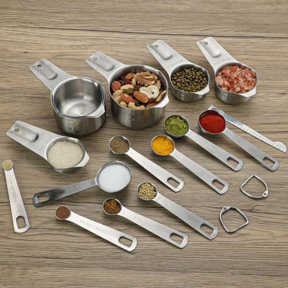 17 Pieces Measuring Cups & Spoons set, 7 Cups, 9 Spoons, 1 Leveler, 18/8 Stainless Steel，Kitchen Gadgets for Cooking & Baking with two Ring Connector, Silver