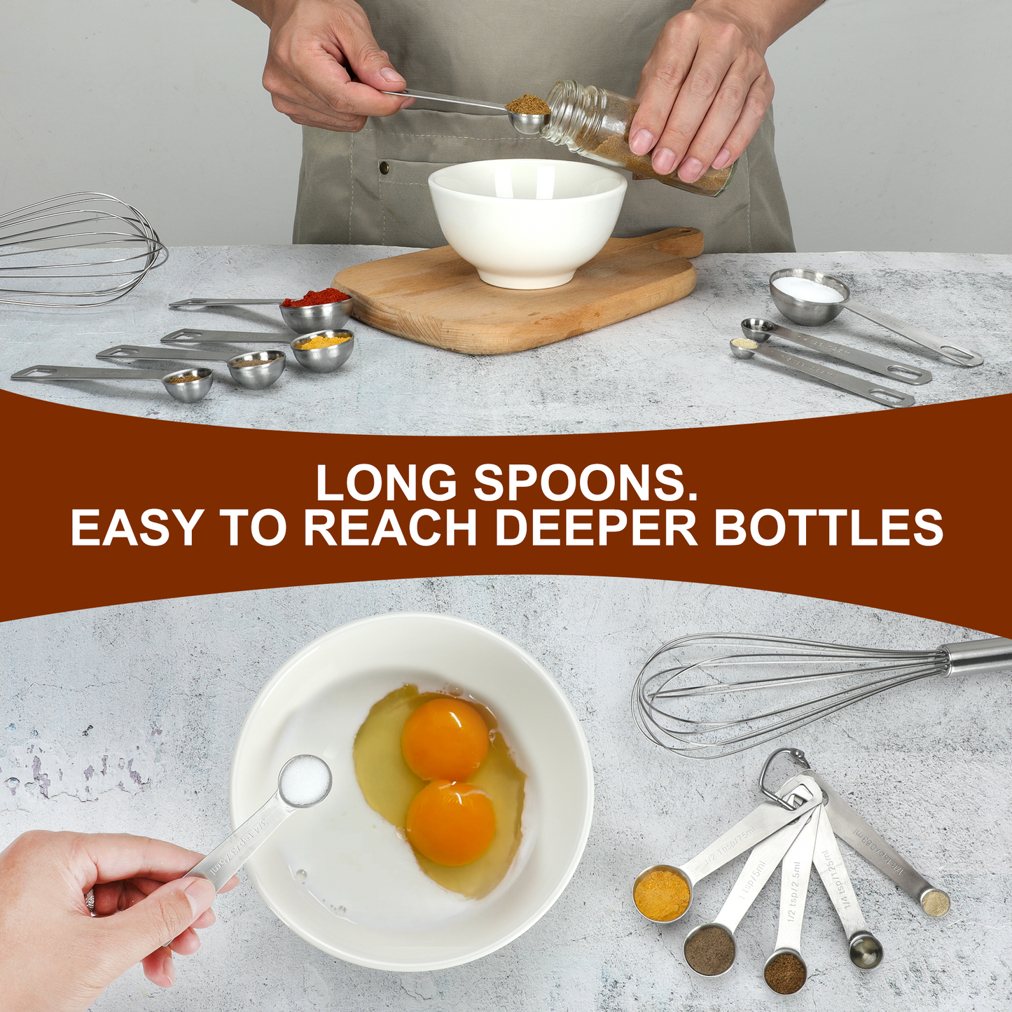 17 Pieces Measuring Cups & Spoons set, 7 Cups, 9 Spoons, 1 Leveler, 18/8 Stainless Steel，Kitchen Gadgets for Cooking & Baking with two Ring Connector, Silver